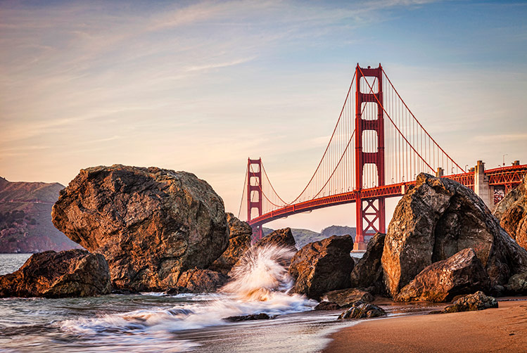 Marshall Beach in San Francisco. Golden gate bridge and surf