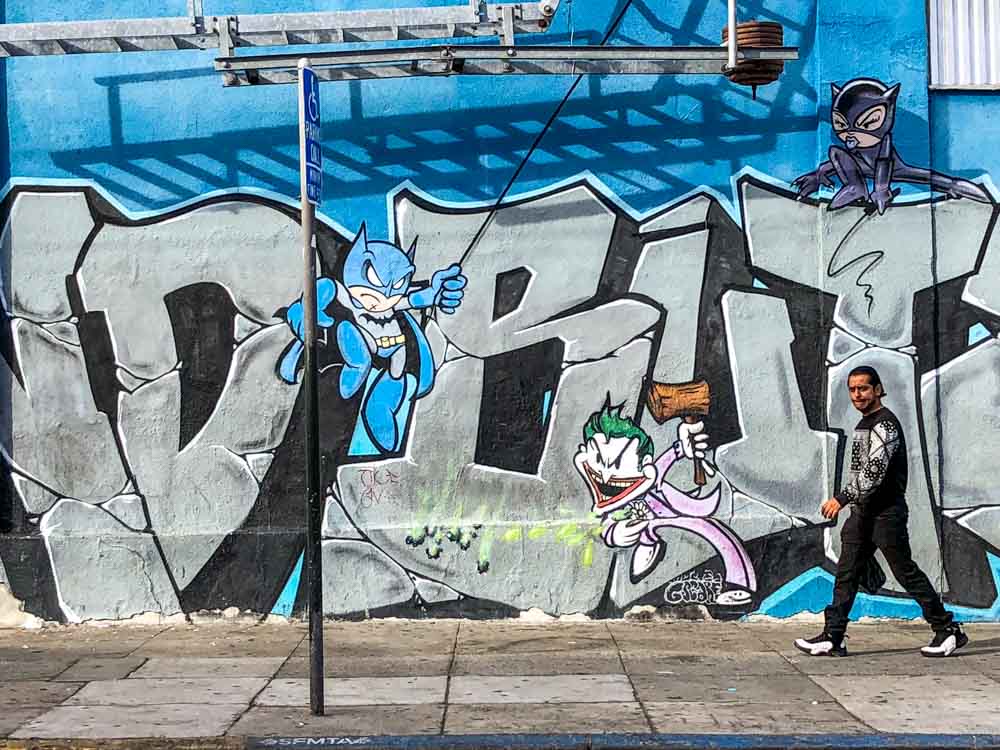 SF Mission: Superhero DC Comics mural. Batman, robin, bat girl