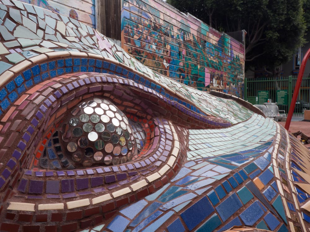 Quetzalcoatl mosiac sculpture in the Mission