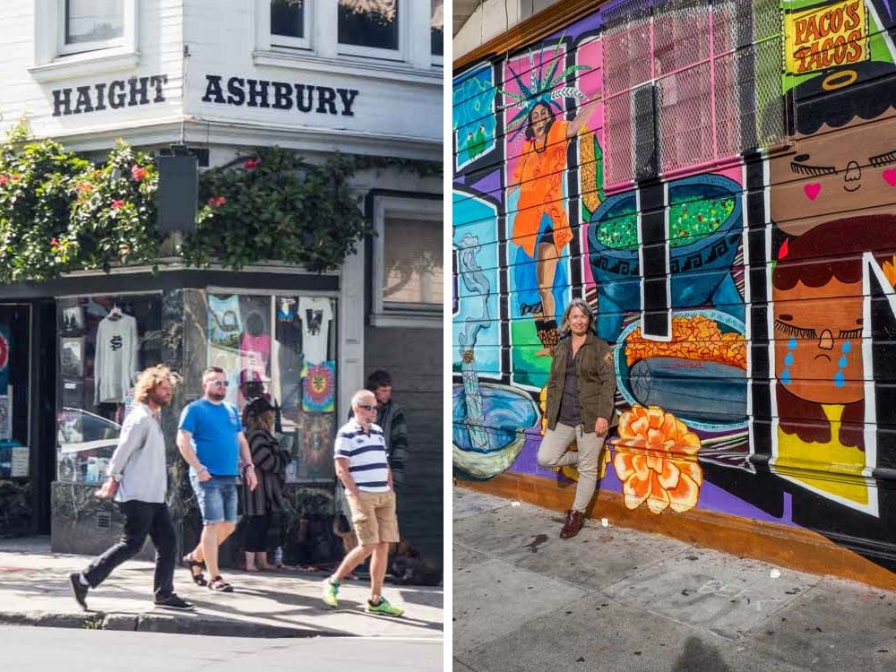 Where to stay in San Francisco Neighborhoods: Height Ashbury corner and Mission mural