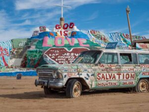Salvation Mountain in Slab City, CA- sculpture with car
