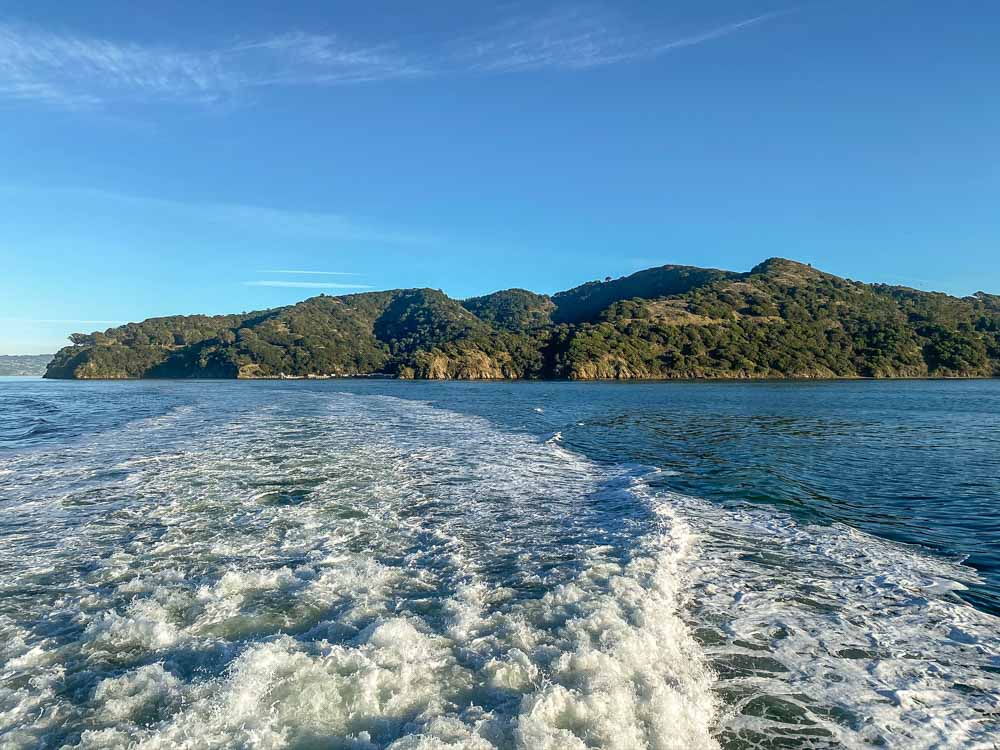 Angel Island things to do: view from the ferry. With churning water and green forest