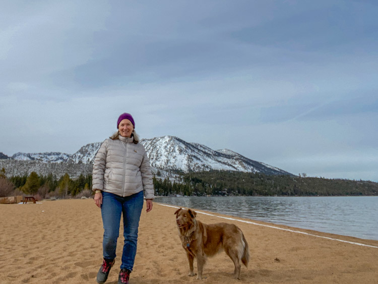 Lake Tahoe Baldwin Beach in winter- woman and dog