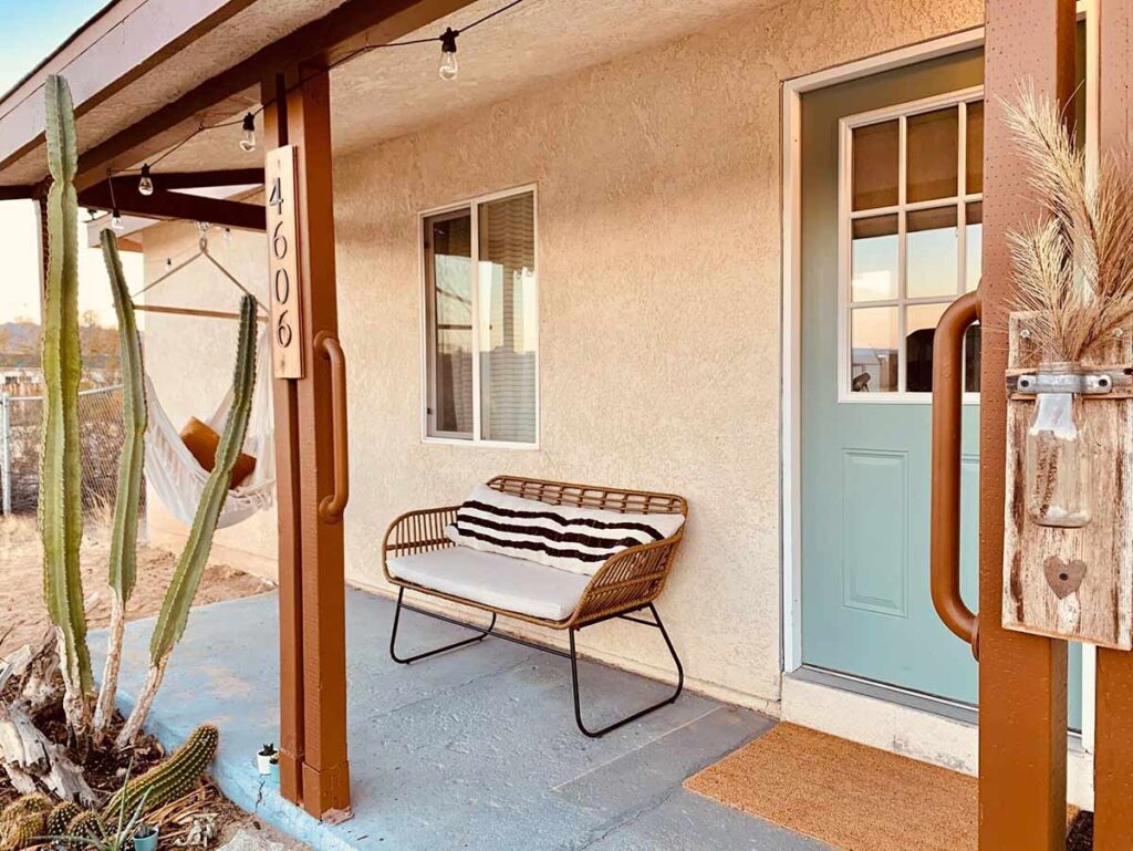 Joshua Tree cottage comfy boho porch and wood accents