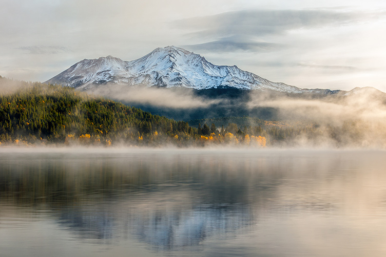 Mount Shasta California-volcano and misty lake