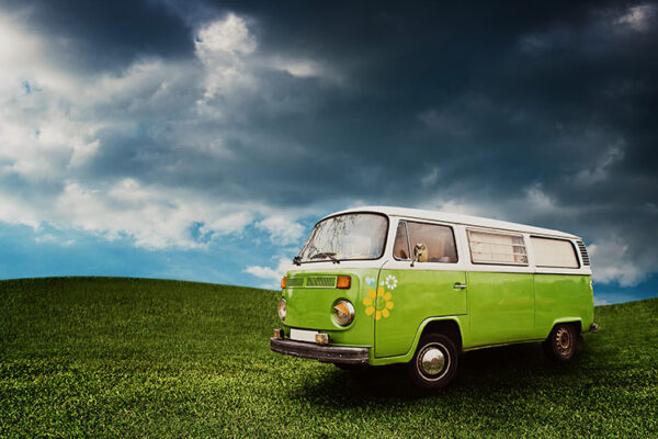 Hippie towns in California green vintage van