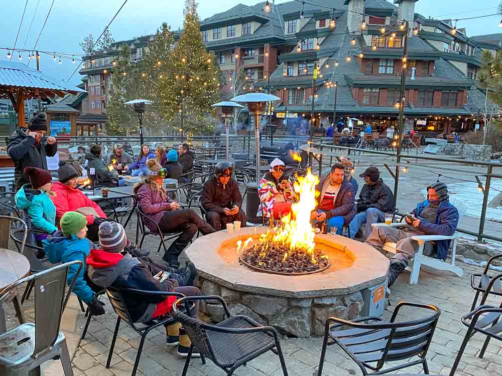 Apres ski Lake Tahoe Gun Barrel Tavern. people drinking and fire pit