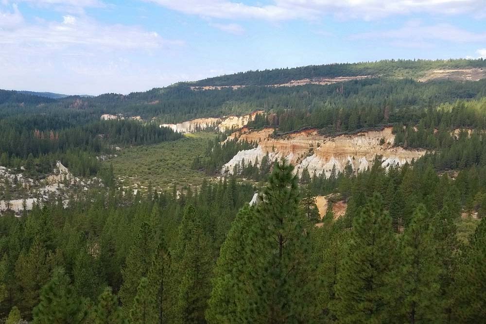 Landscape of Malakoff Diggins cliffs with pine trees