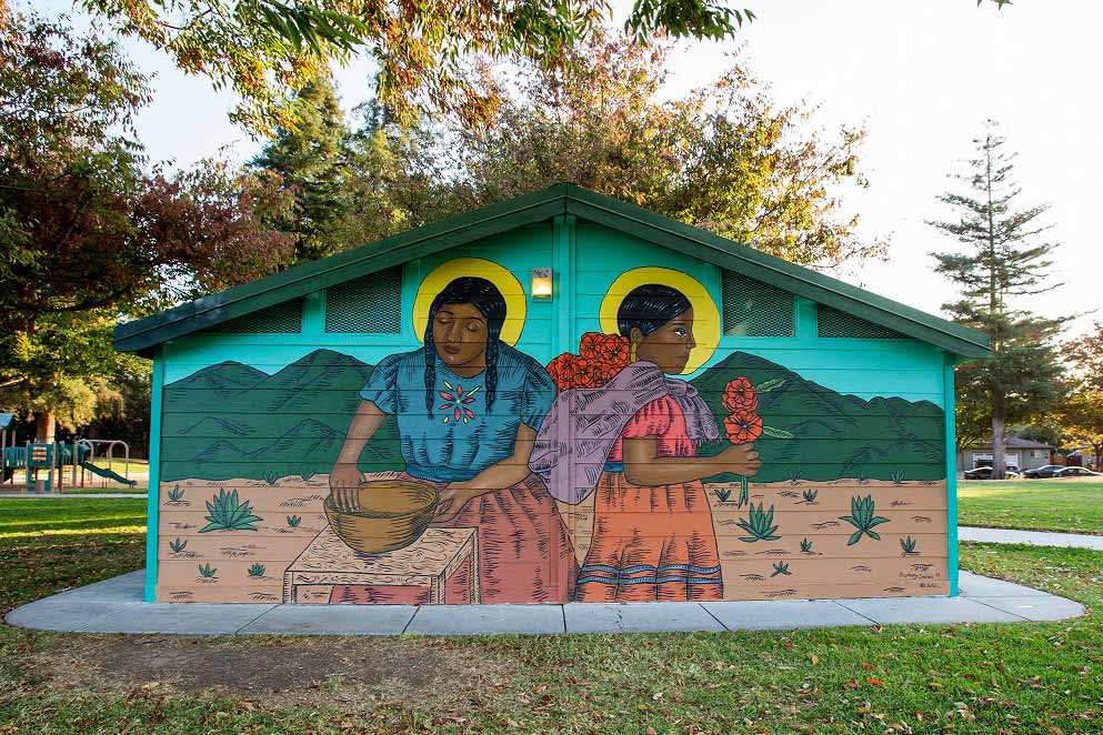 California mural San Jose POWWOW Stephanie Sanchez. two agricultural women on a field