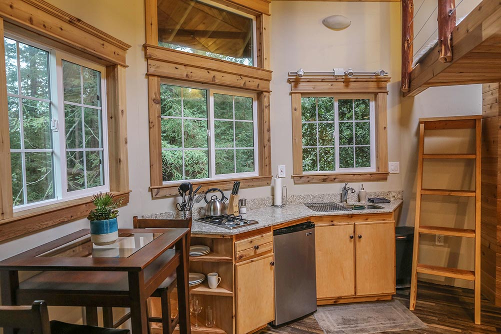 Cedar cabin in Santa Cruz. kitchen interior with wood accents