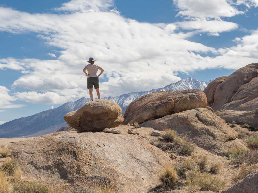 Highway 395 Alabama Hills hiker on rocks