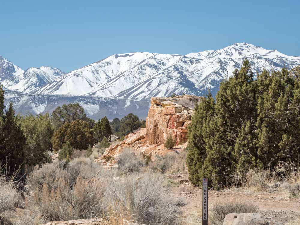 Views from Travertine hot springs of Bridgeport Eastern Sierras. snowy peaks and rocks