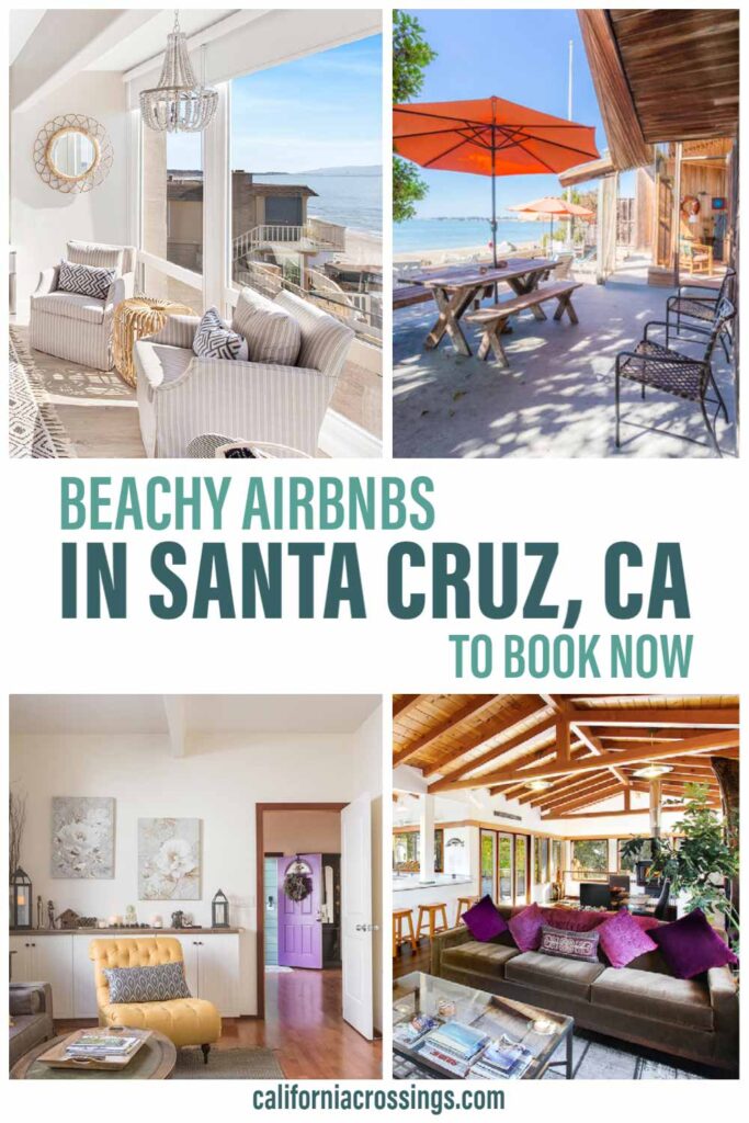 Beachy Airbnbs in Santa Cruz to book now. beach deck, wicker chairs, purple living room