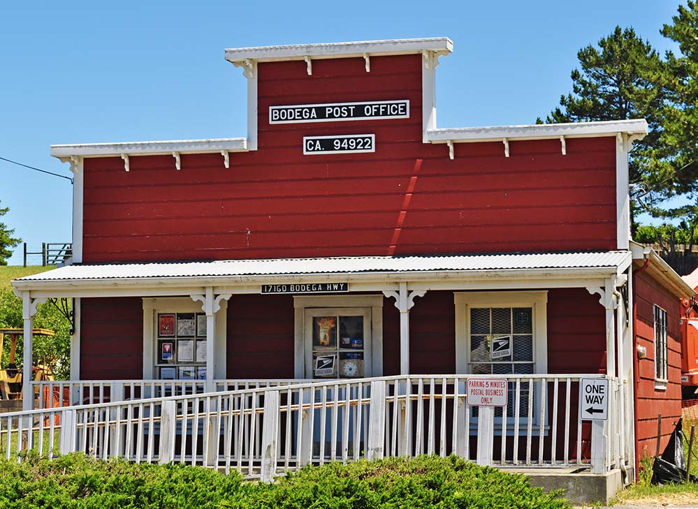 Bodega Bay post office. red historic building