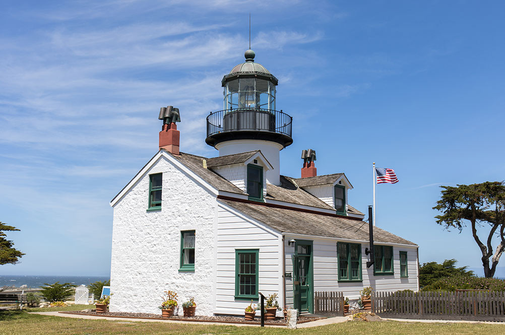 Lighthouse in Pacific Grove California. white historic building