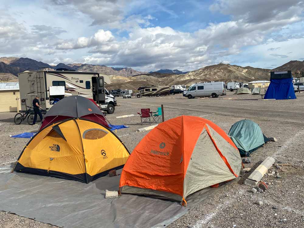Sunset Campground in Death Valley. Orange and yellow tents
