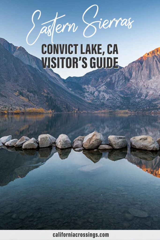 Eastern Sierras Convict Lake Visitor's guide. lake rocks and sunrise