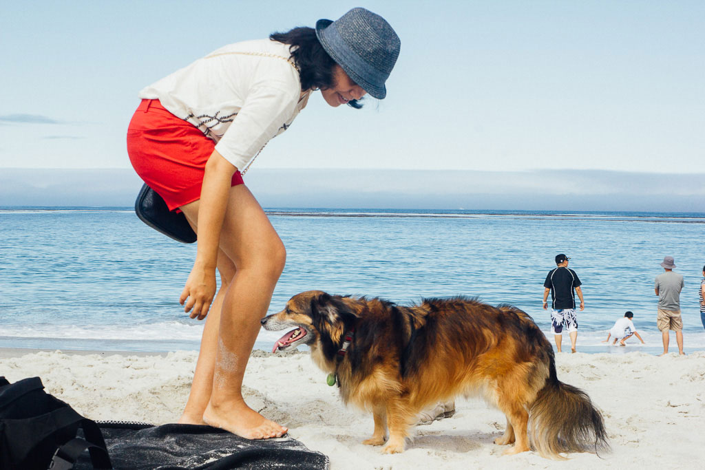 Carmel beach in California. woman in red shorts and dog