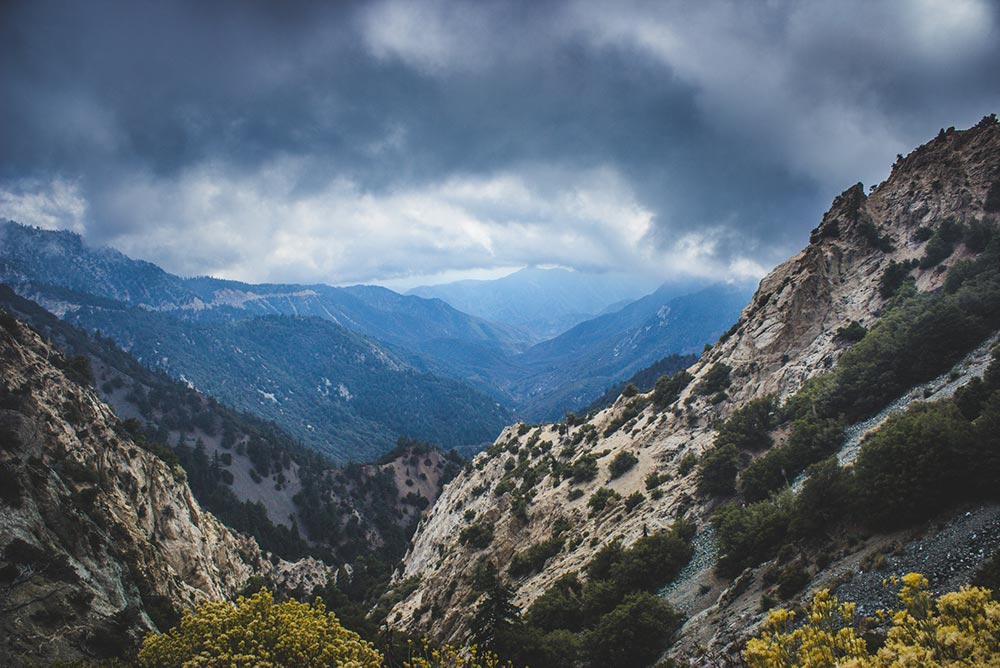 Angeles National Forest view. mountains and dark clouds