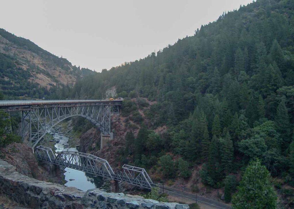 Feather River scenic California highway. forest and railroad trussles