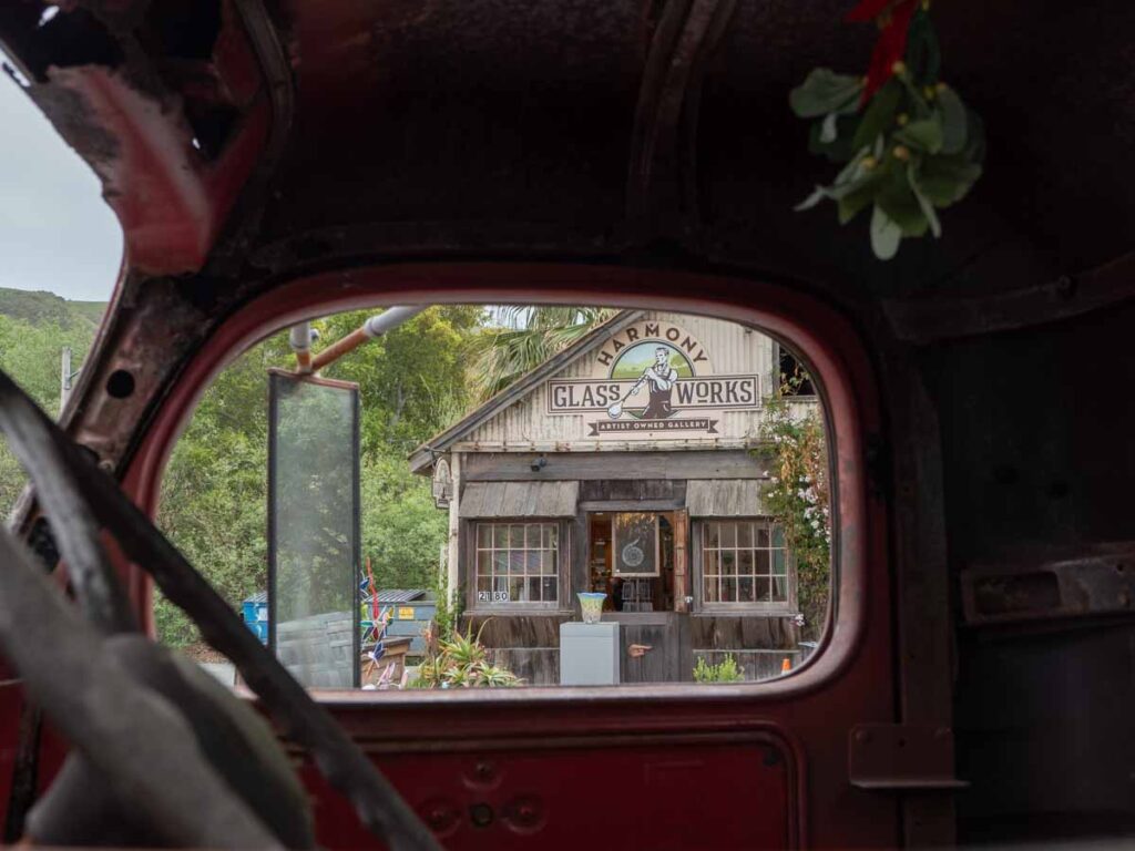 View of Harmony Glassworks through a truck window