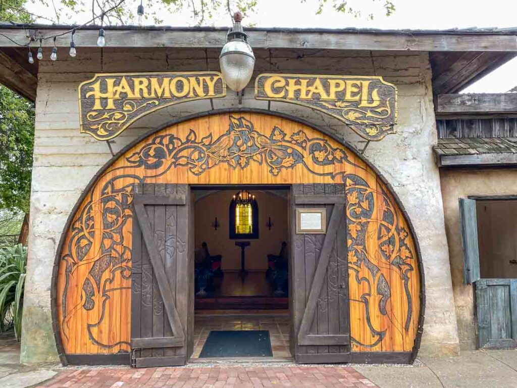 Harmony California wedding chapel. ornate and rounded wood doors