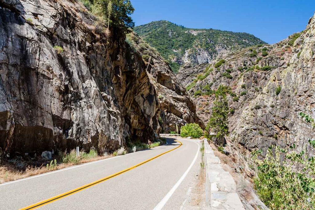 California scenic road in Kings Canyon National Park.. rocky canyon wall