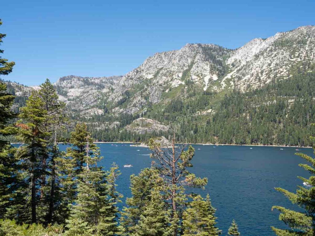 Rubicon Trail Emerald Bay Lake Tahoe. lake with pine trees and mountain