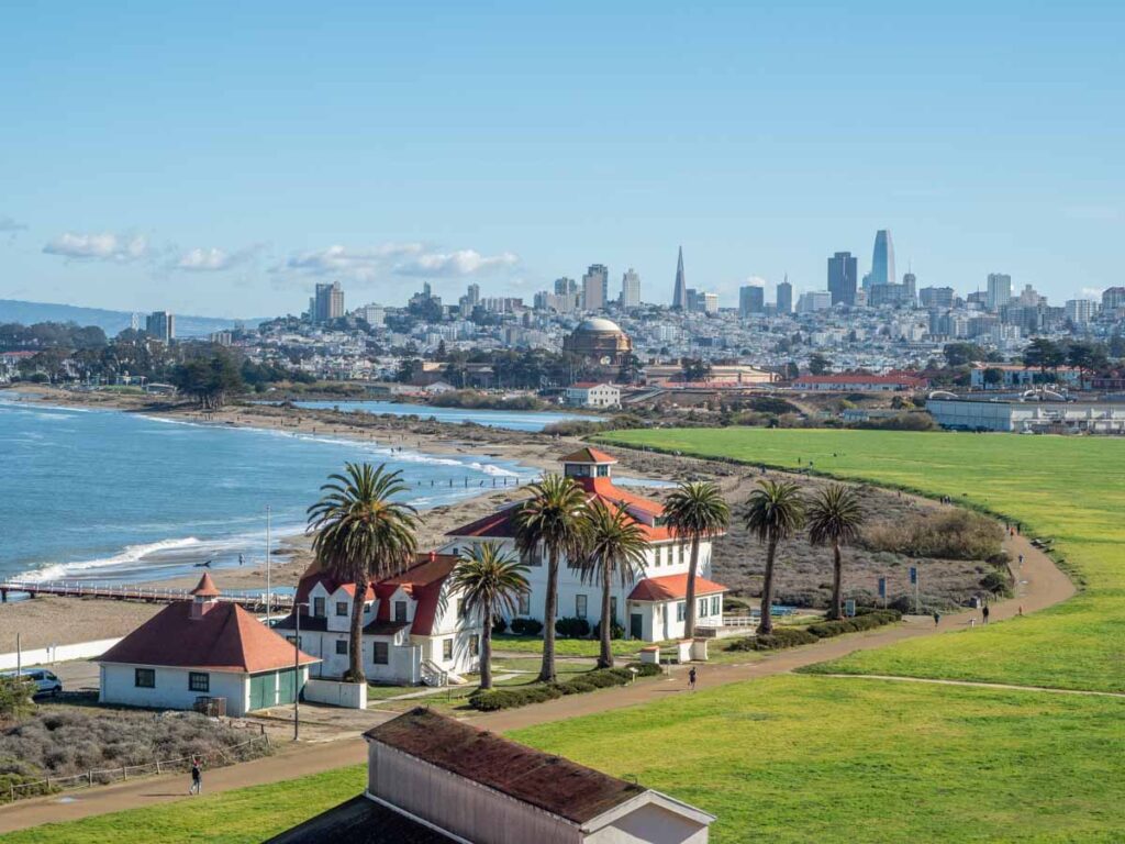 Crissy Field Presidio historic buildings. with SF skyline