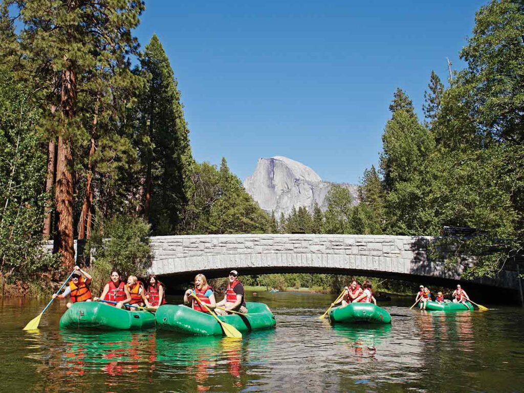 Rafting in Yosemite. river and bridge