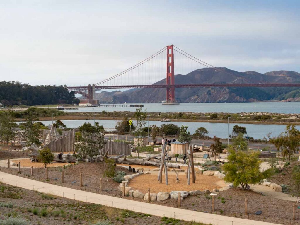 Presidio tunnel tops park with bridge views and playground.