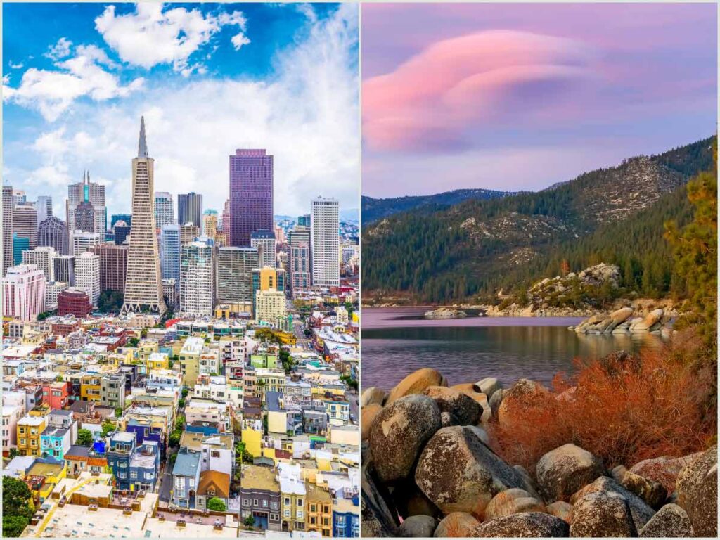 San-Francisco to Lake Tahoe. SF skyline and Tahoe rocks and lake