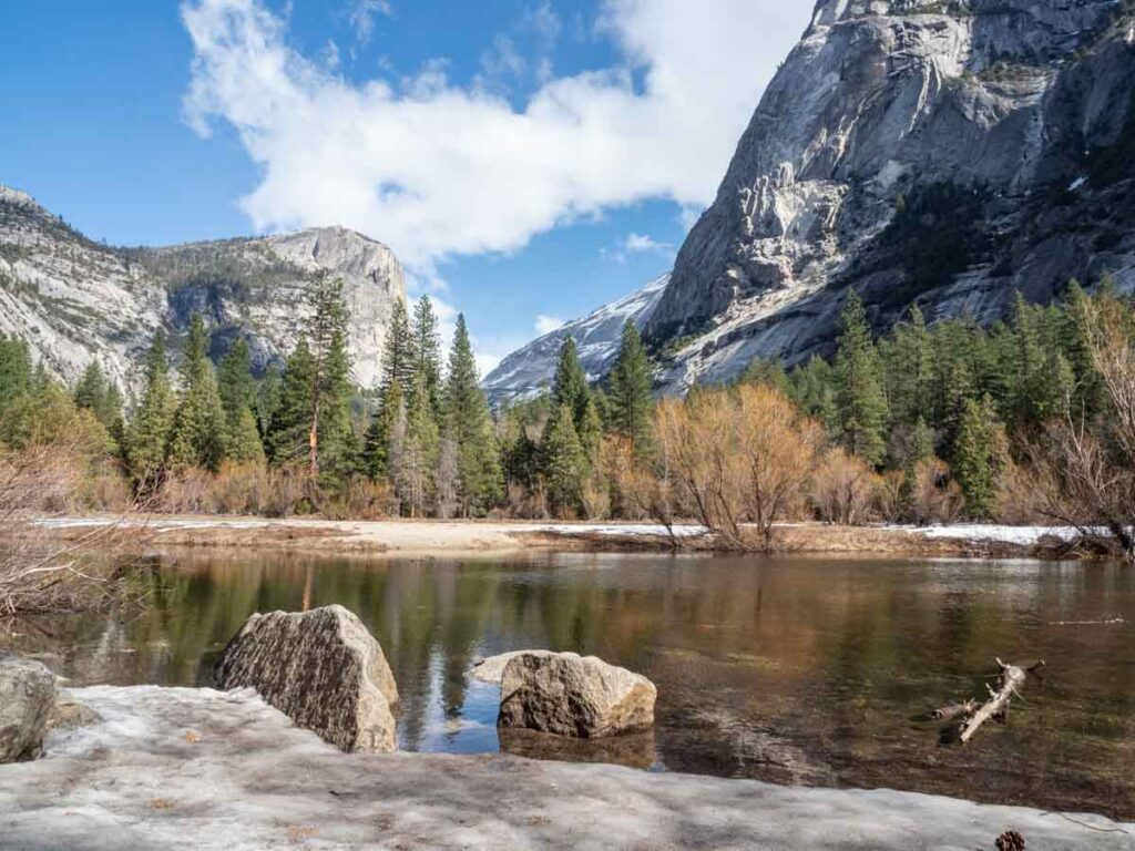 Yosemite winter hike Mirror Lake with mountains