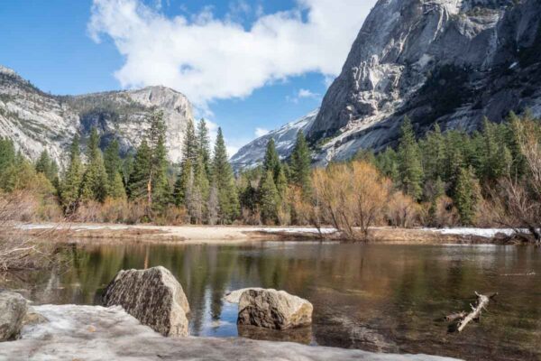 Yosemite winter hike Mirror Lake with mountains