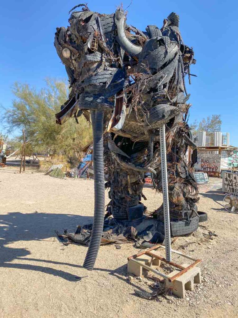 East Jesus elephant sculpture made of tires