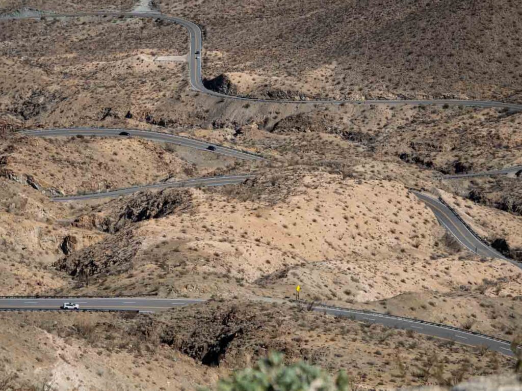 Scenic vista of the Palms to Pines scenic byway. curving road in desert