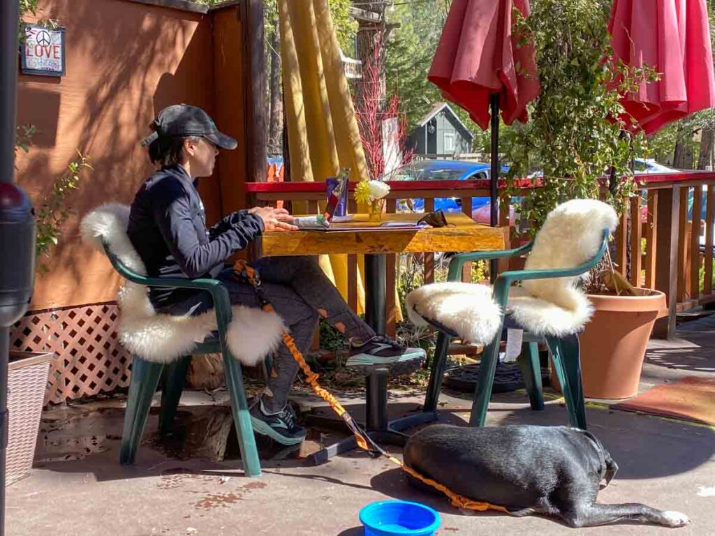 Tommy's Kitchen in Idyllwild. woman and a dog eating lunch