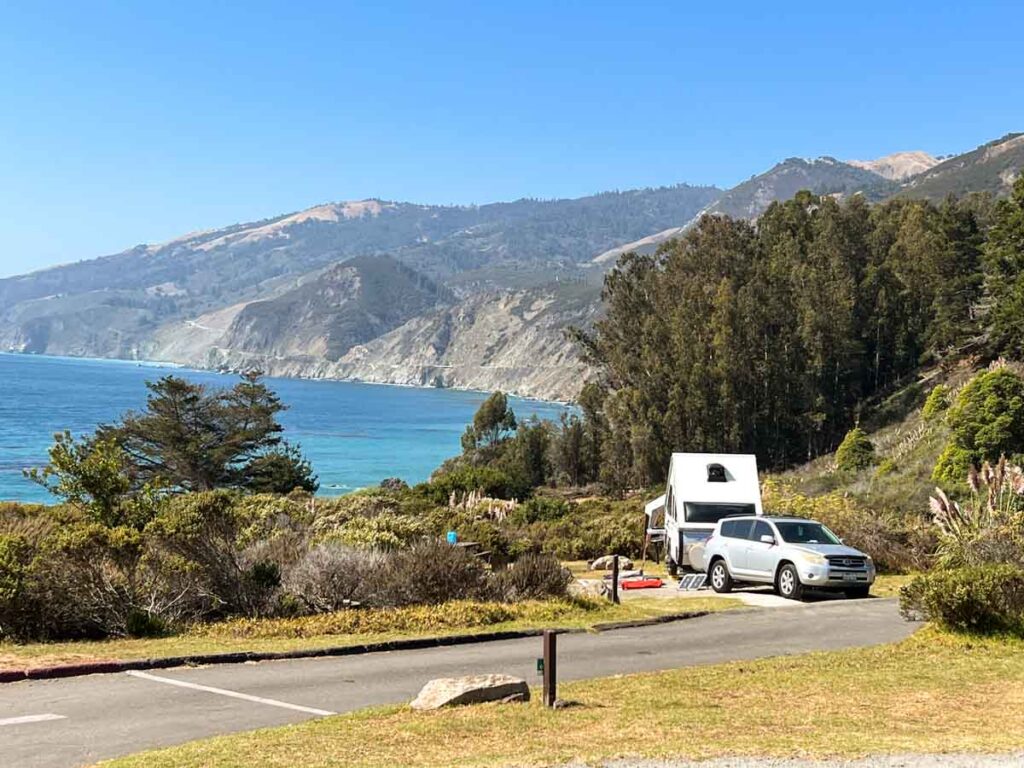 Big Sur campground at Kirk Creek with trailer and ocean view