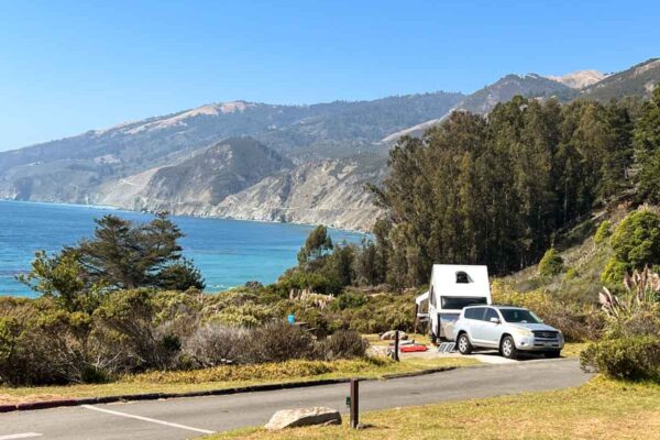 Big Sur campground at Kirk Creek with trailer and ocean view