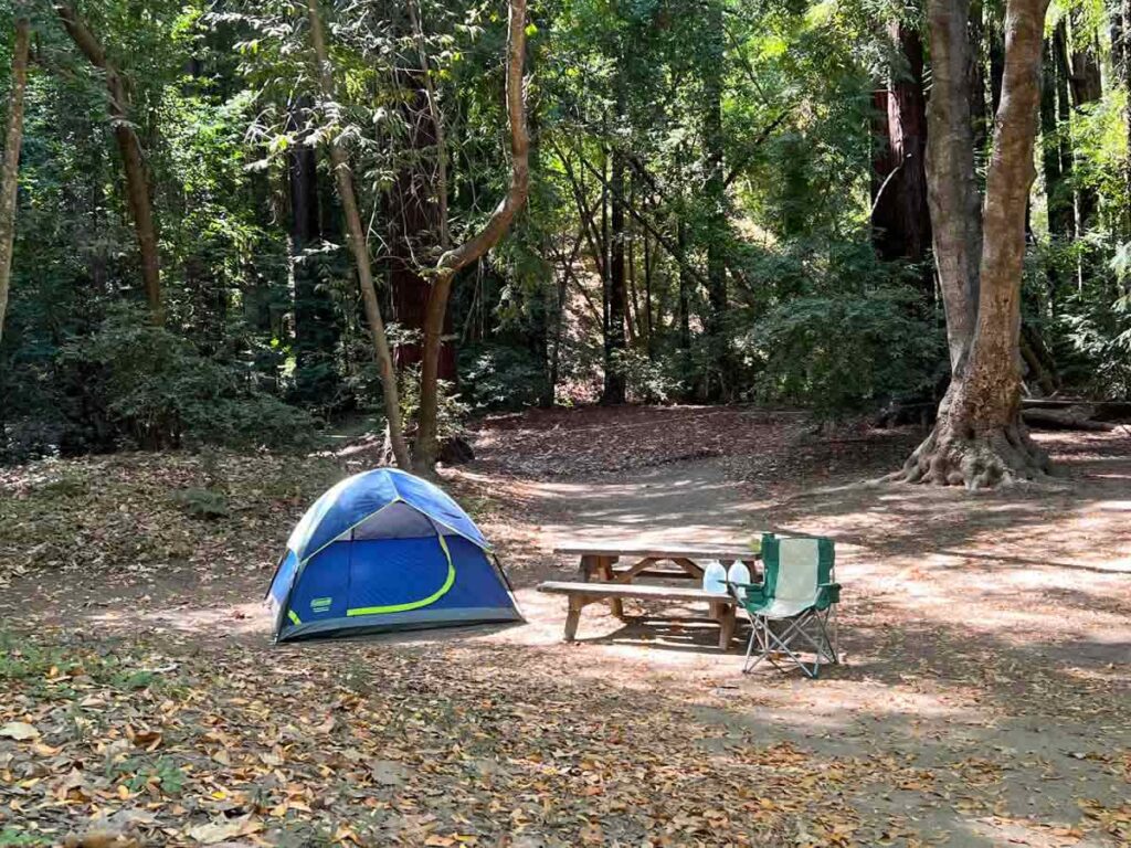 Pfeiffer Big Sur state park camping with tent and chair