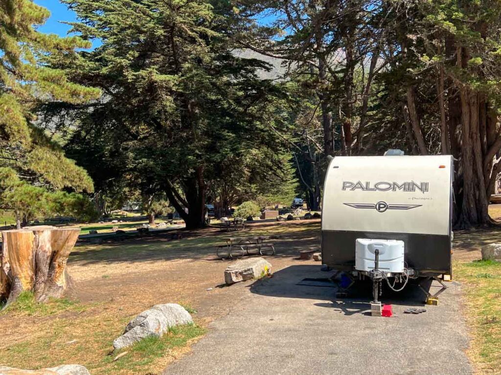 Plaskett Creek campground in Big Sur, with trailer RV. 