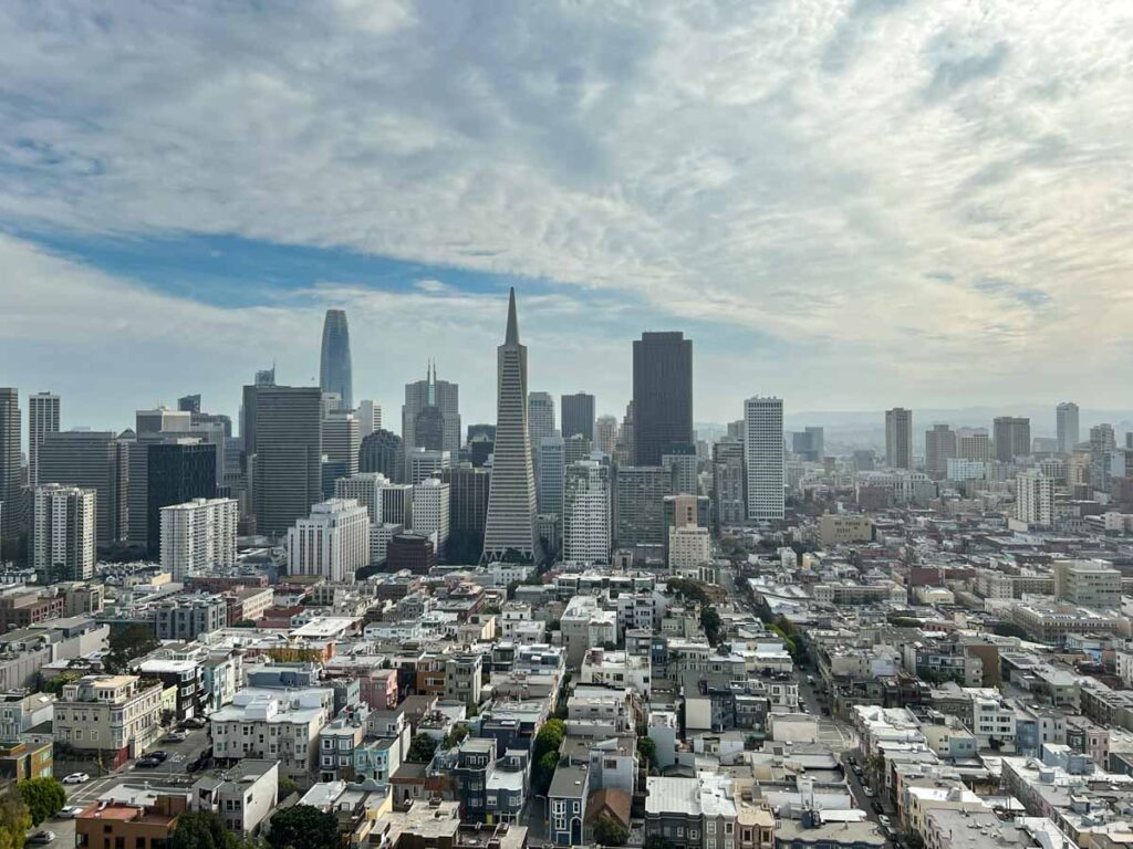 Southern view of SF from Coit Tower, with city skyline.