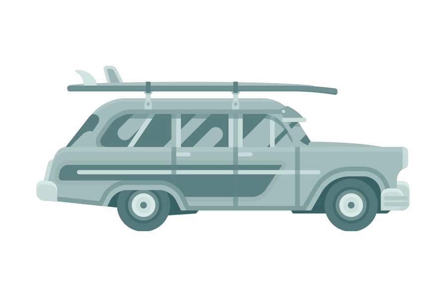 Green woodie station wagon with surf board