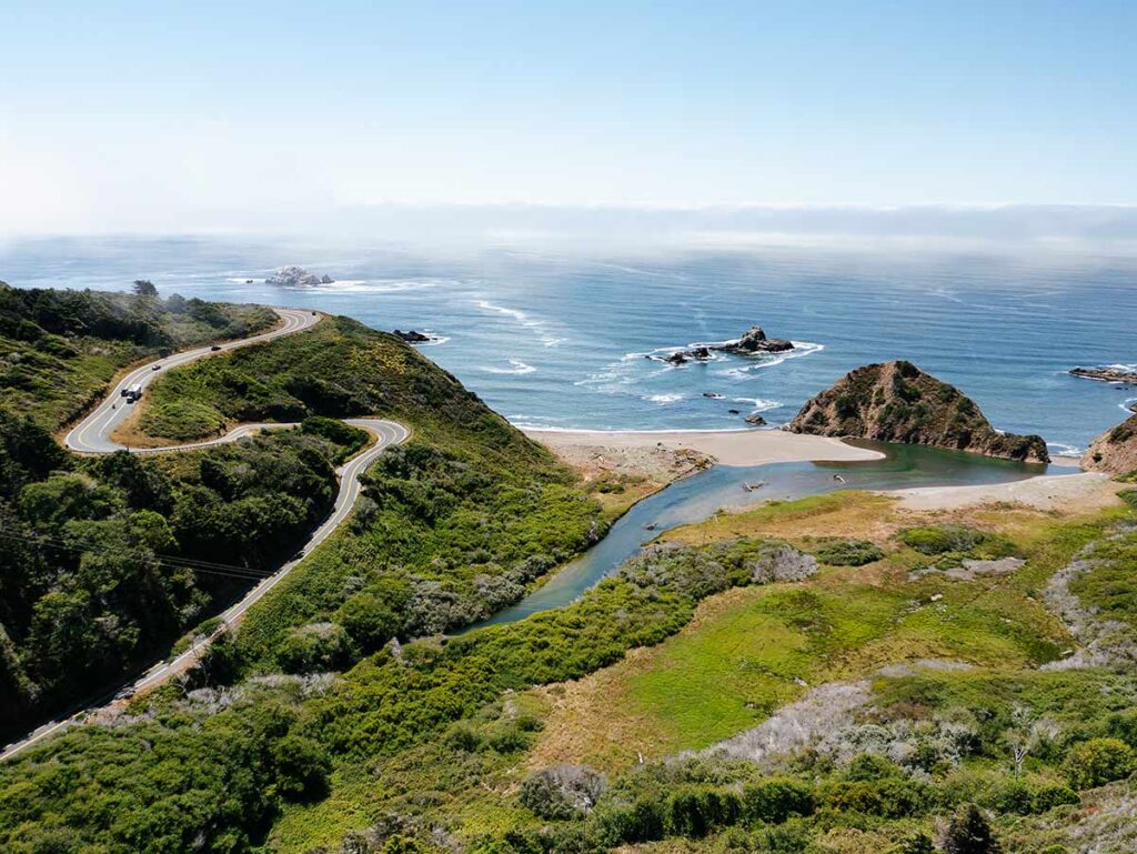 Mendocino Coast Road with beach overlook